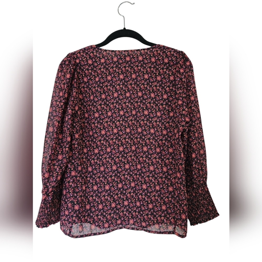 MADEWELL Orchard Floral Smocked Cuff Button-Up Top, size 00, purple/orange - Picture 5 of 7